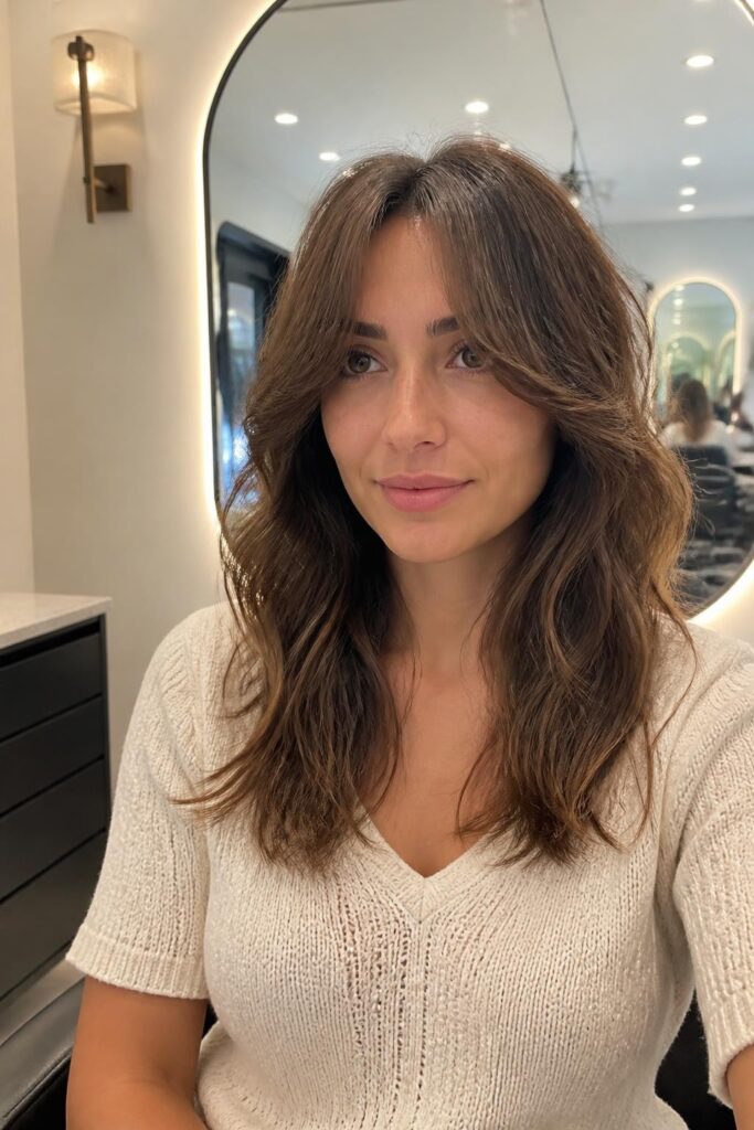 1. Soft curtain bangs shag