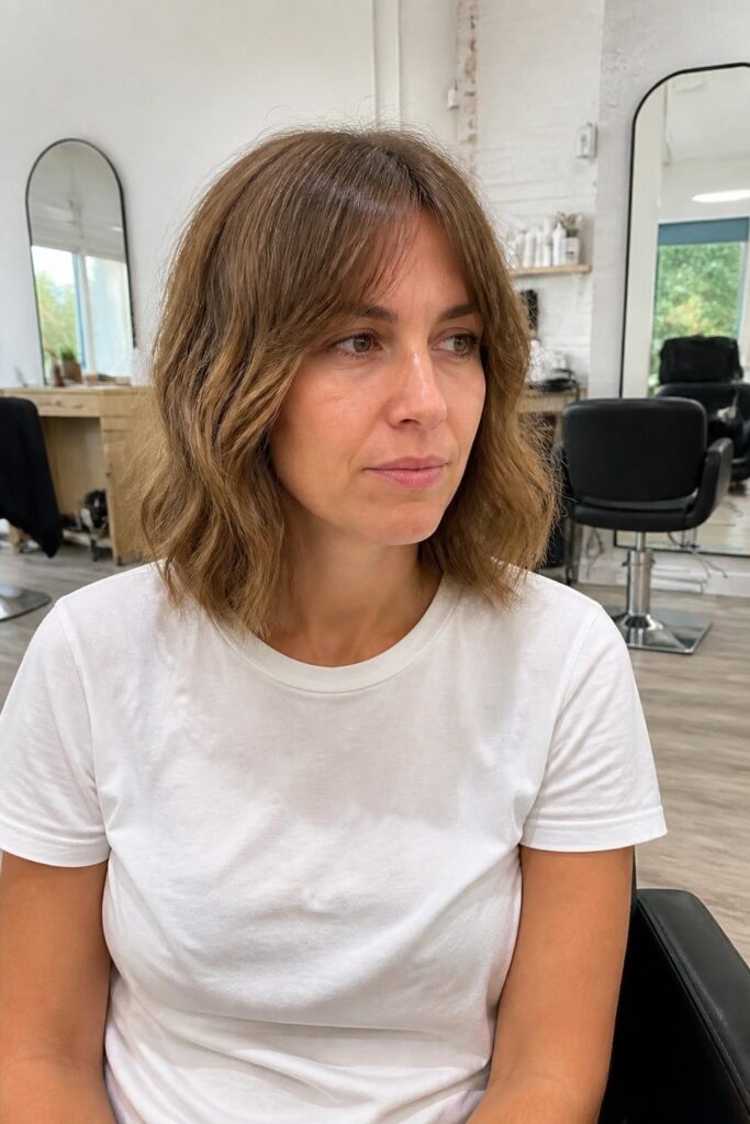 1. The classic lob with wispy curtain bangs