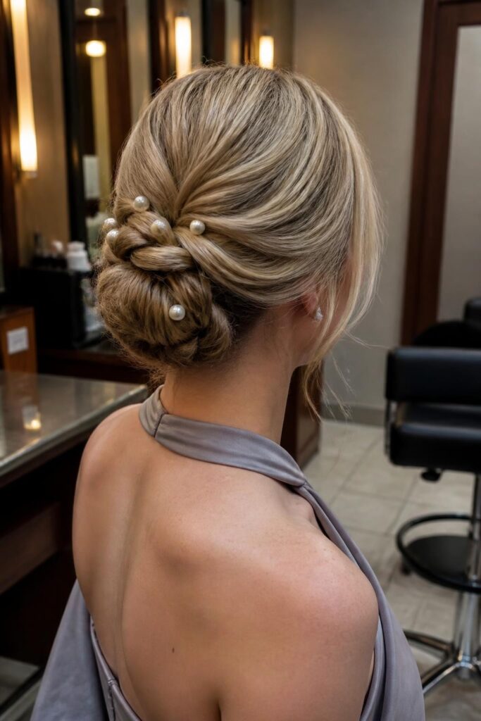 10. Braided bun with pearl pins