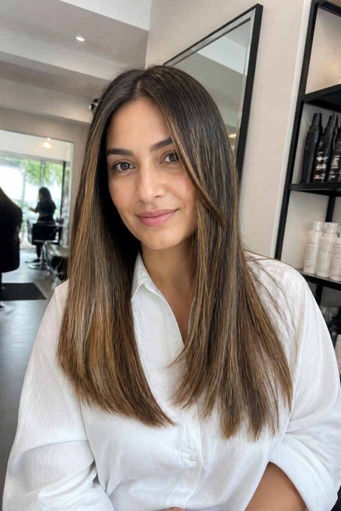 10. Caramel highlights with a center part