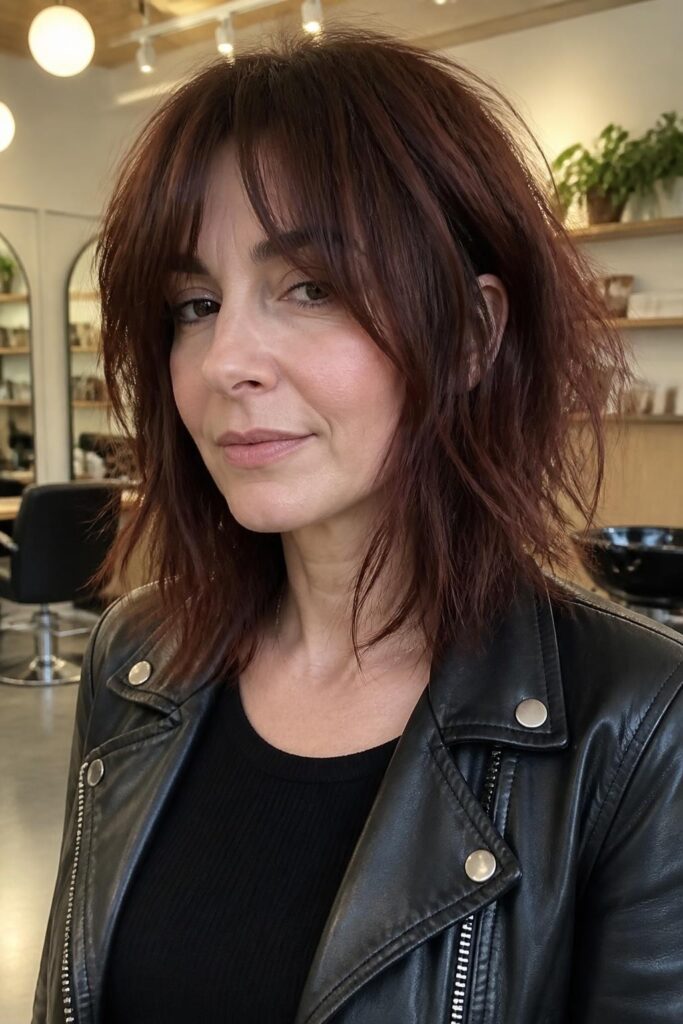 10. Choppy medium cut with curtain bangs