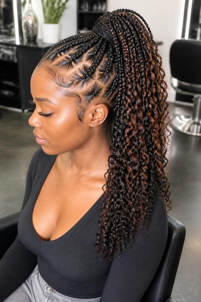 10. Knotless braids with curly ends in a high ponytail