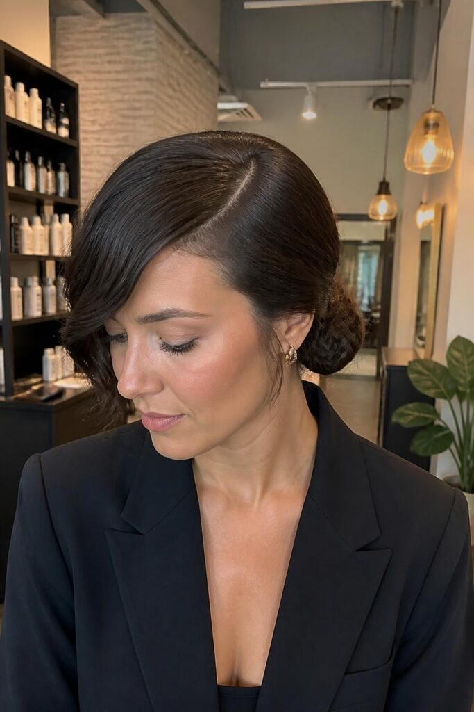10. Sleek wavy bun with side part