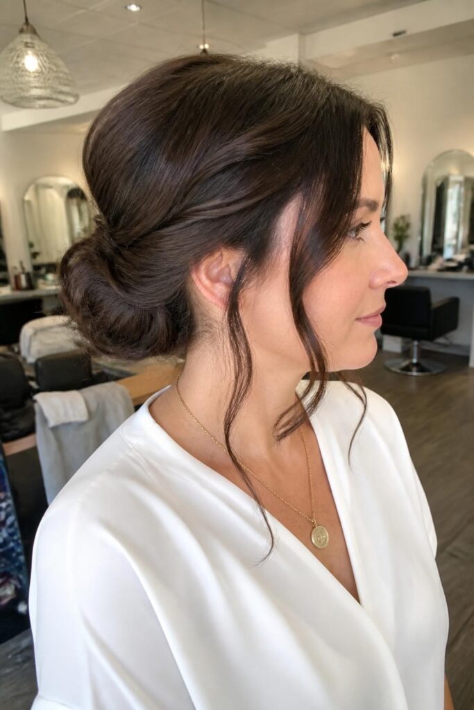 10. Twisted low bun with tendrils
