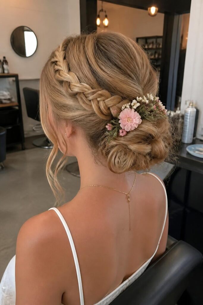 12. Braided low chignon with flowers