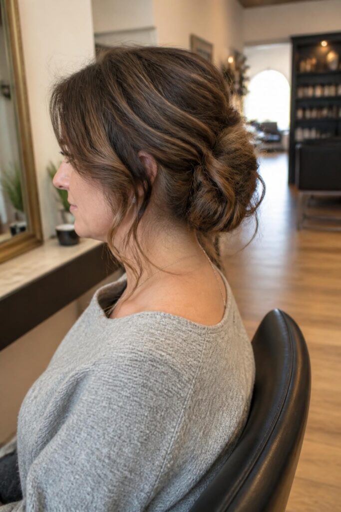 12. Braided low messy bun