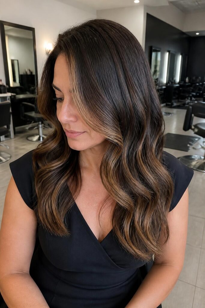 12. Caramel highlights with a deep side part