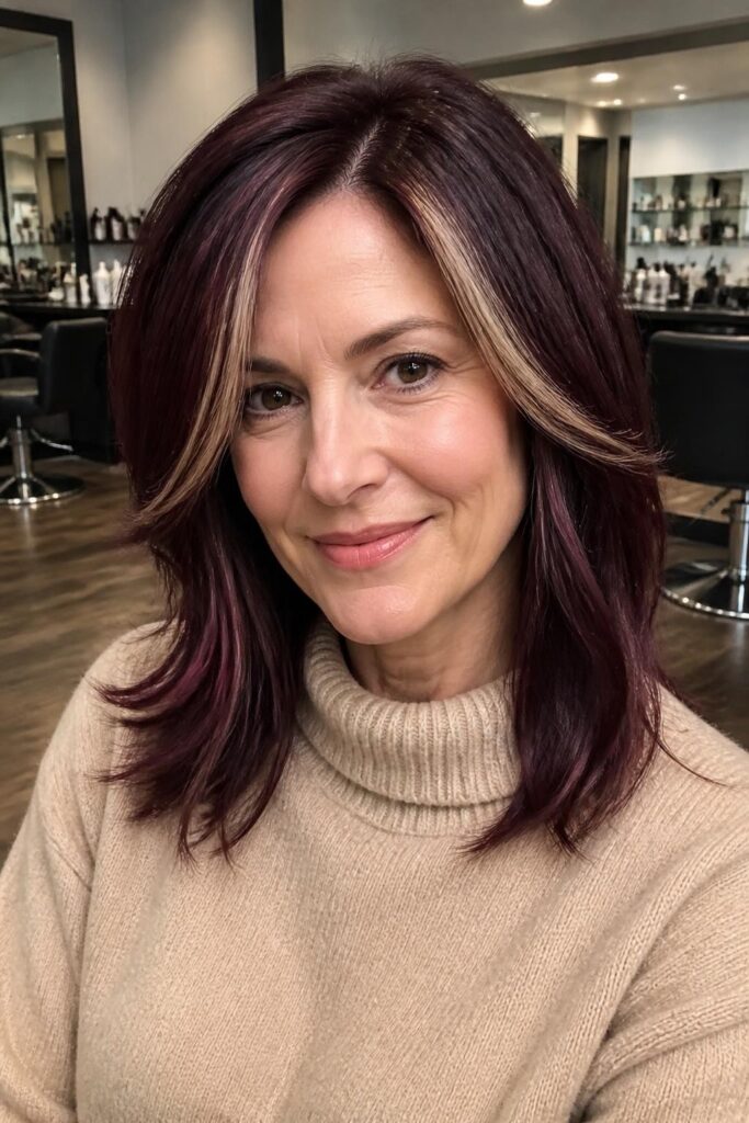 12. Plum hair with blonde highlights for over 40