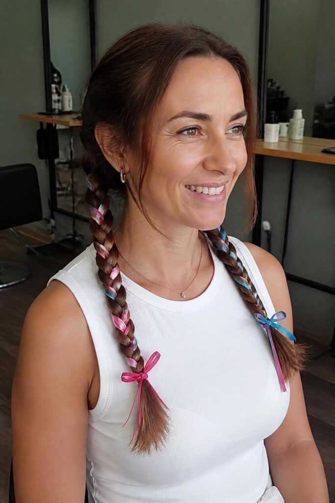 13. Braided pigtails with ribbons