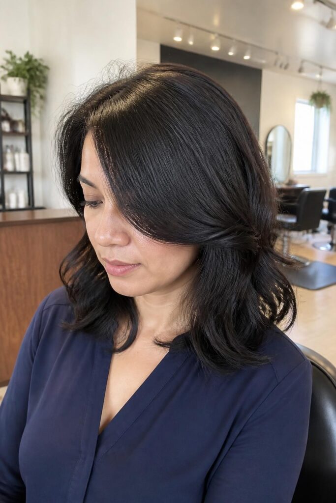 13. Medium hair with side part and long bangs