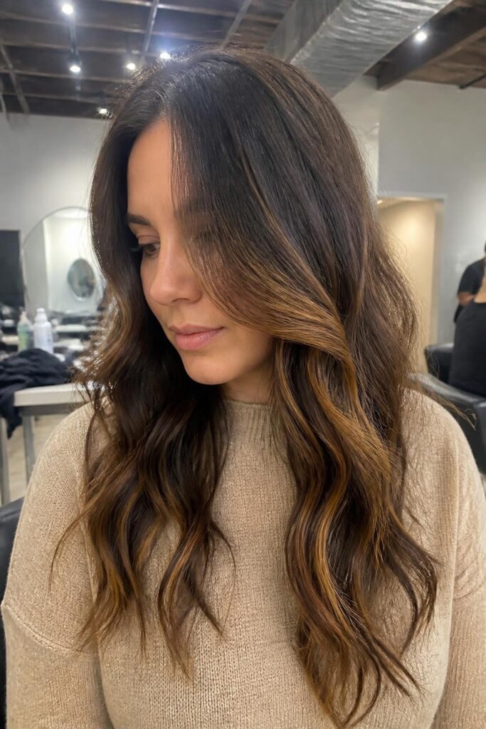 14. Caramel highlights with a gloss