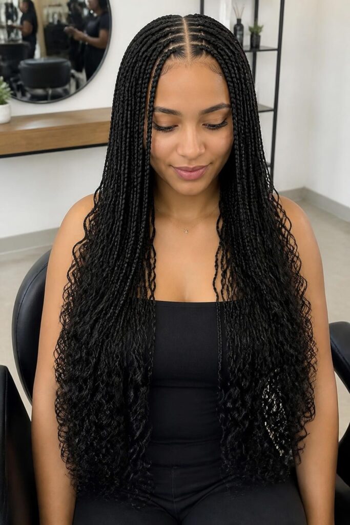 14. Knotless braids with curly ends and a middle part