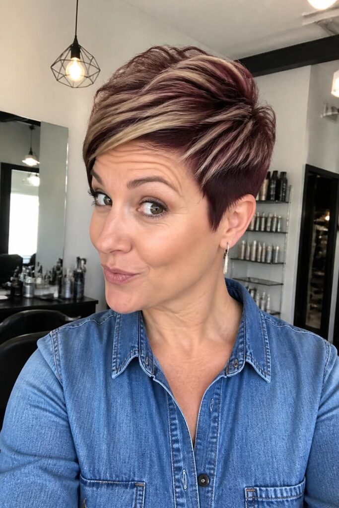 14. Plum and blonde highlights for short hair