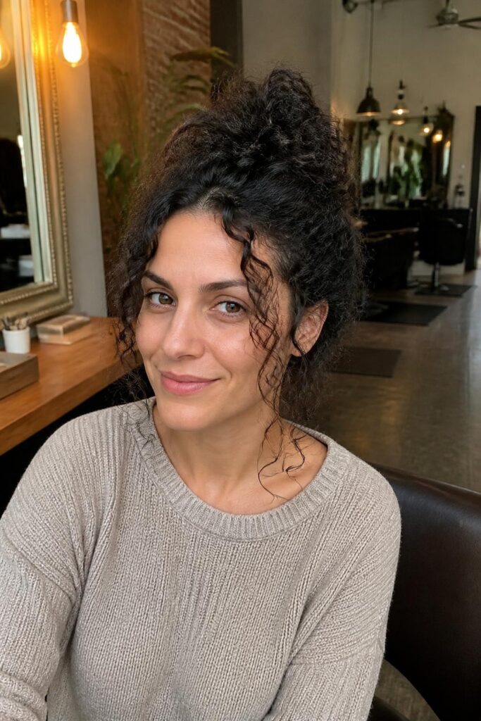 14. The curly messy bun with tendrils