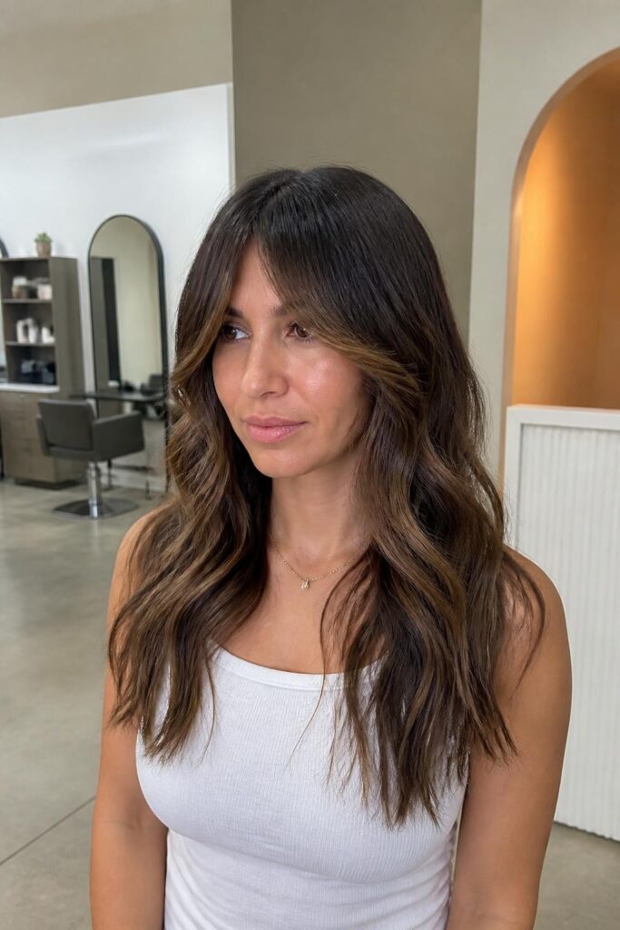15. Caramel highlights for dark hair with bangs