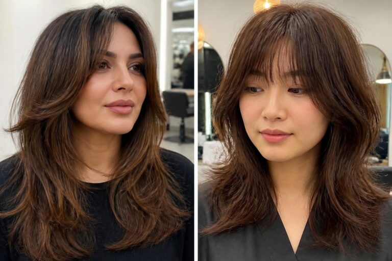 15 layered hair with bangs ideas for round faces