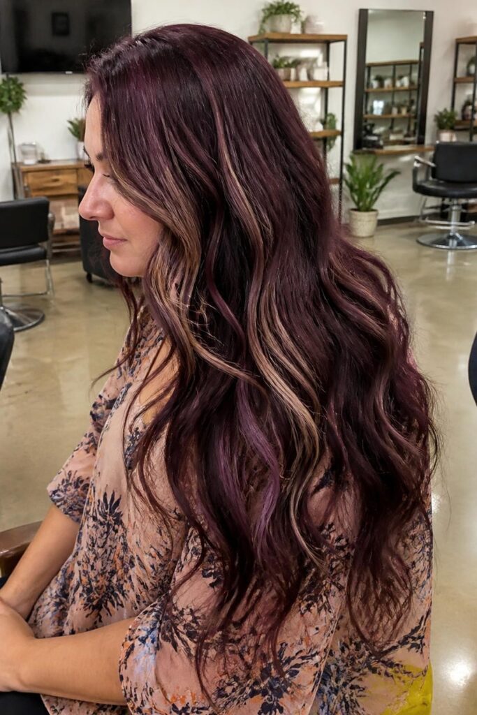 15. Plum hair with blonde highlights for long hair