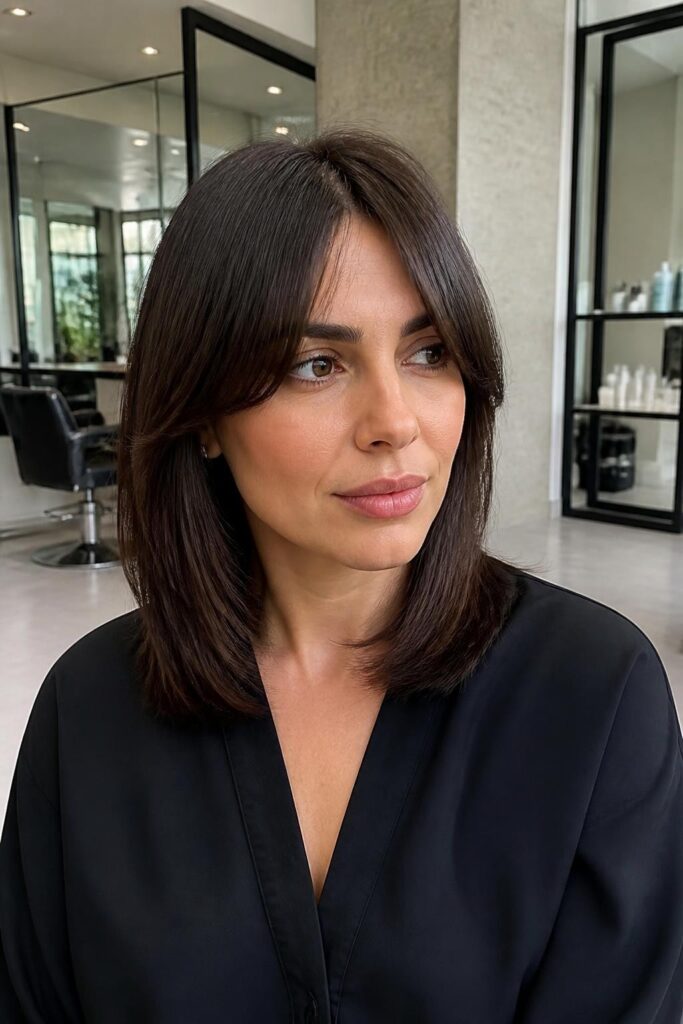 15. Sleek medium cut with curtain bangs