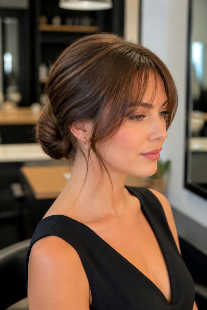 2. Low chignon with wispy bangs