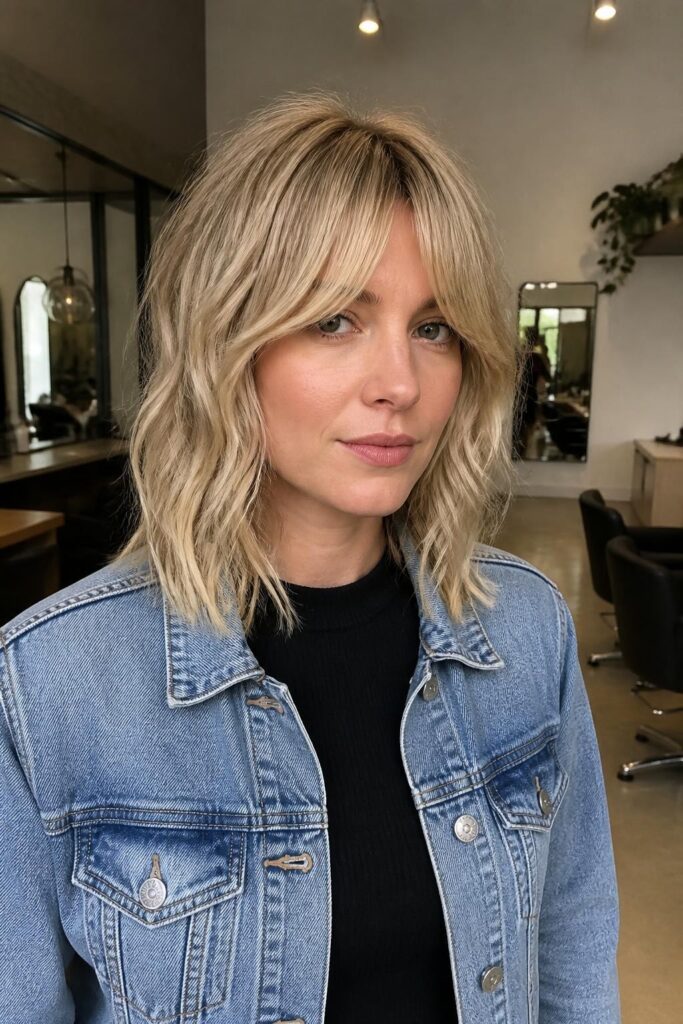 2. Shaggy medium cut with curtain bangs