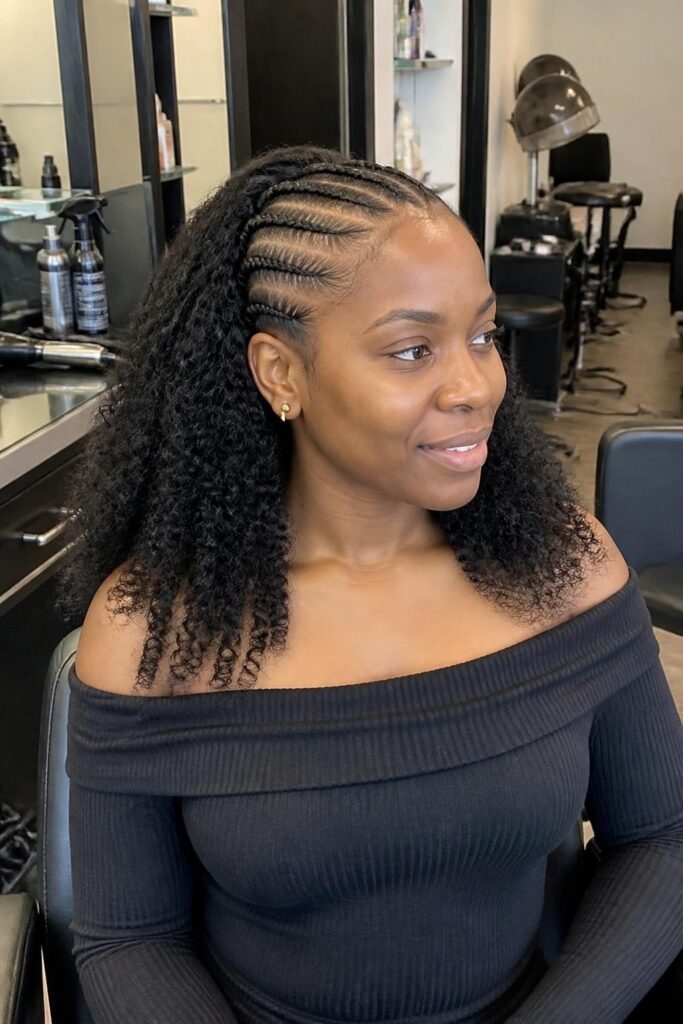 3. Cornrow half-up half-down with curls