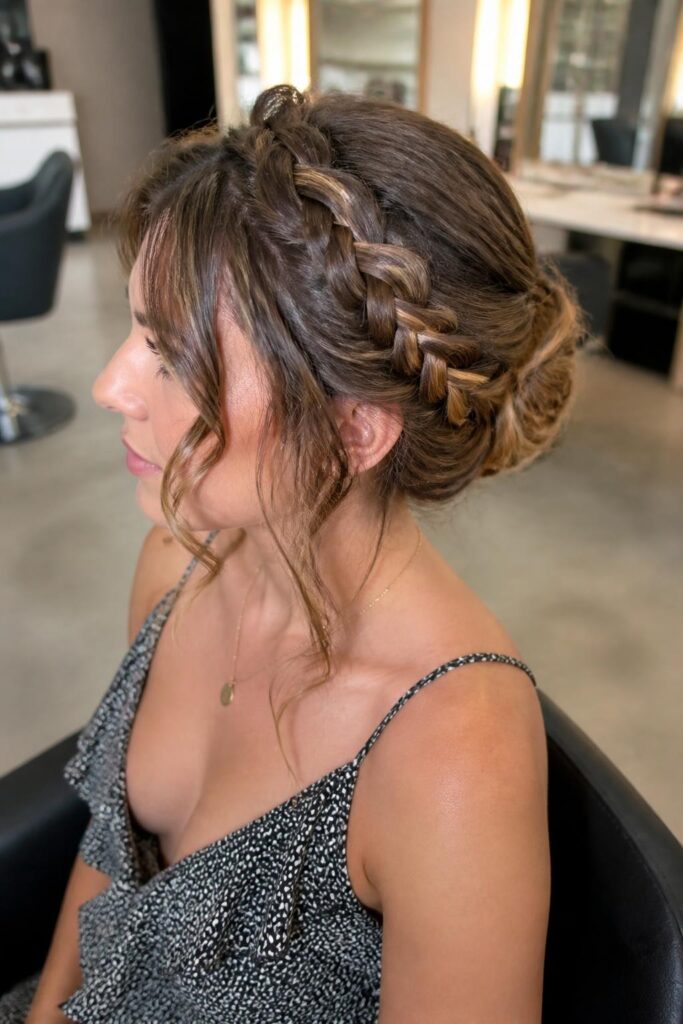 4. Braided crown updo for wavy hair