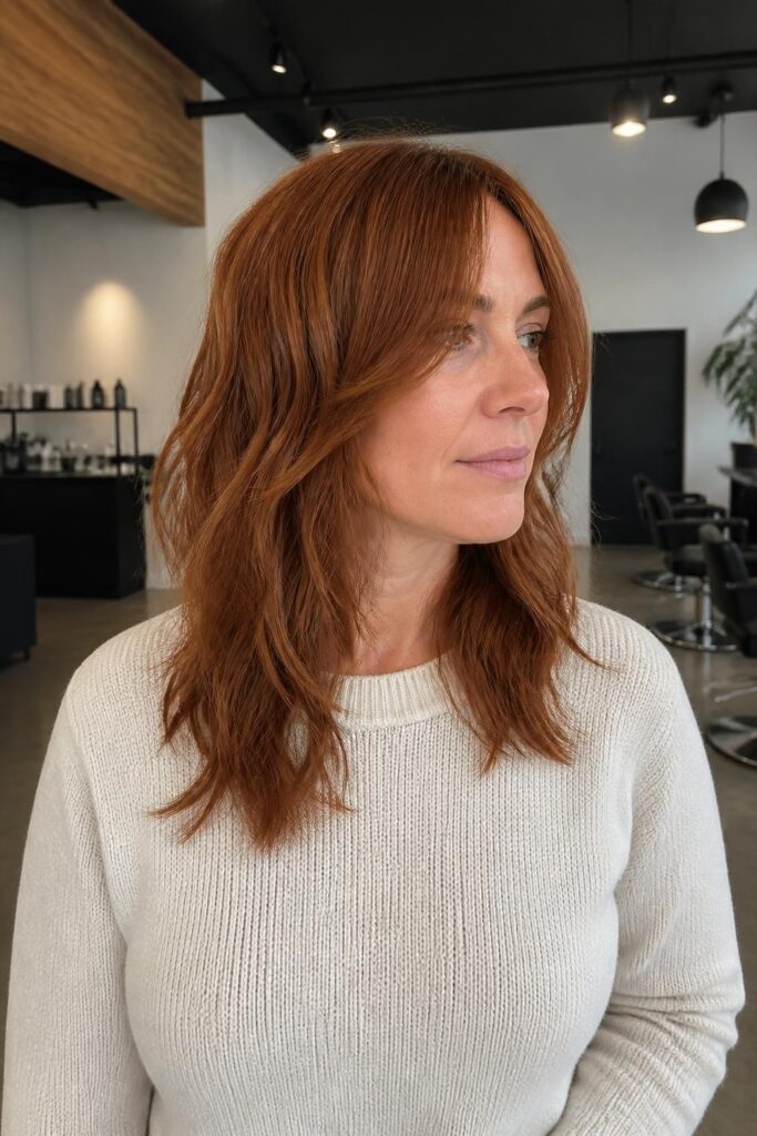 4. Layered medium cut with curtain bangs