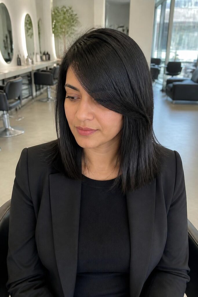 4. Sleek medium cut with side swept bangs