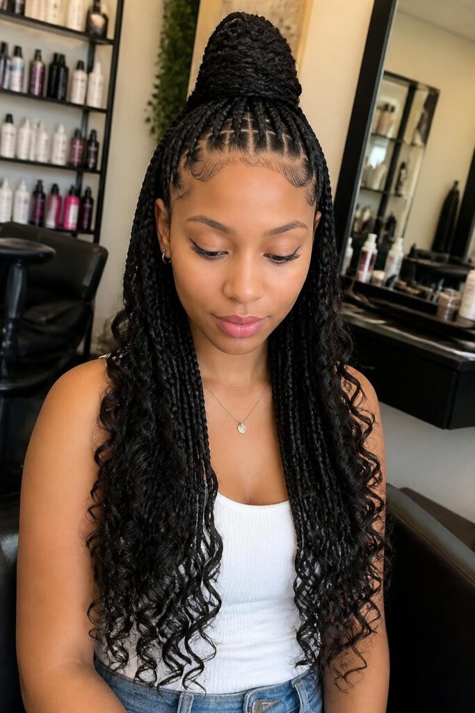 5. Half up half down knotless braids with curly ends