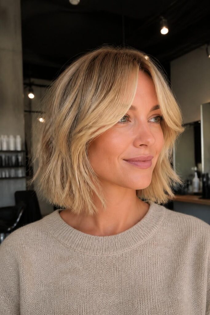 5. Textured bob with bardot bangs