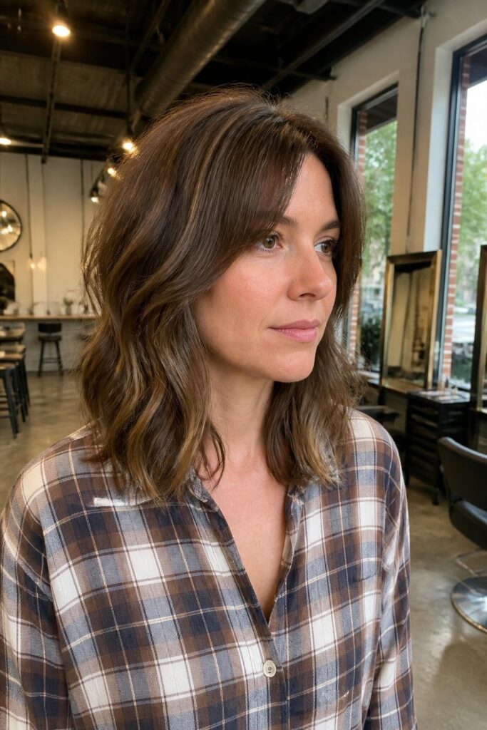5. Textured medium cut with curtain bangs