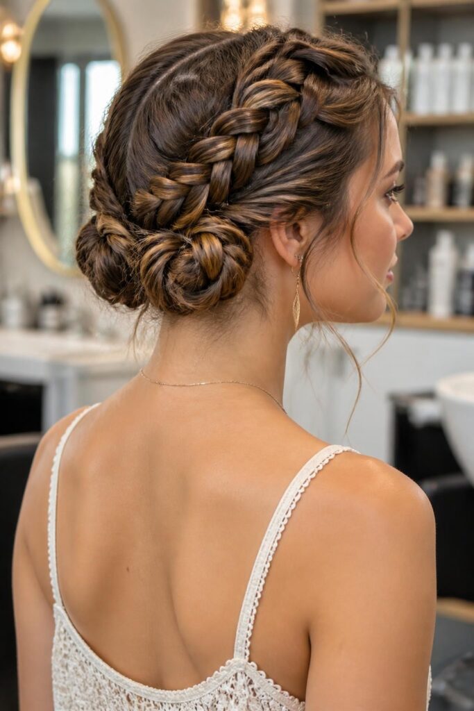 6. Double braided bun updo