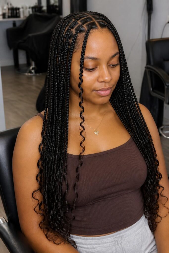 6. Knotless braids with a single curly strand accent