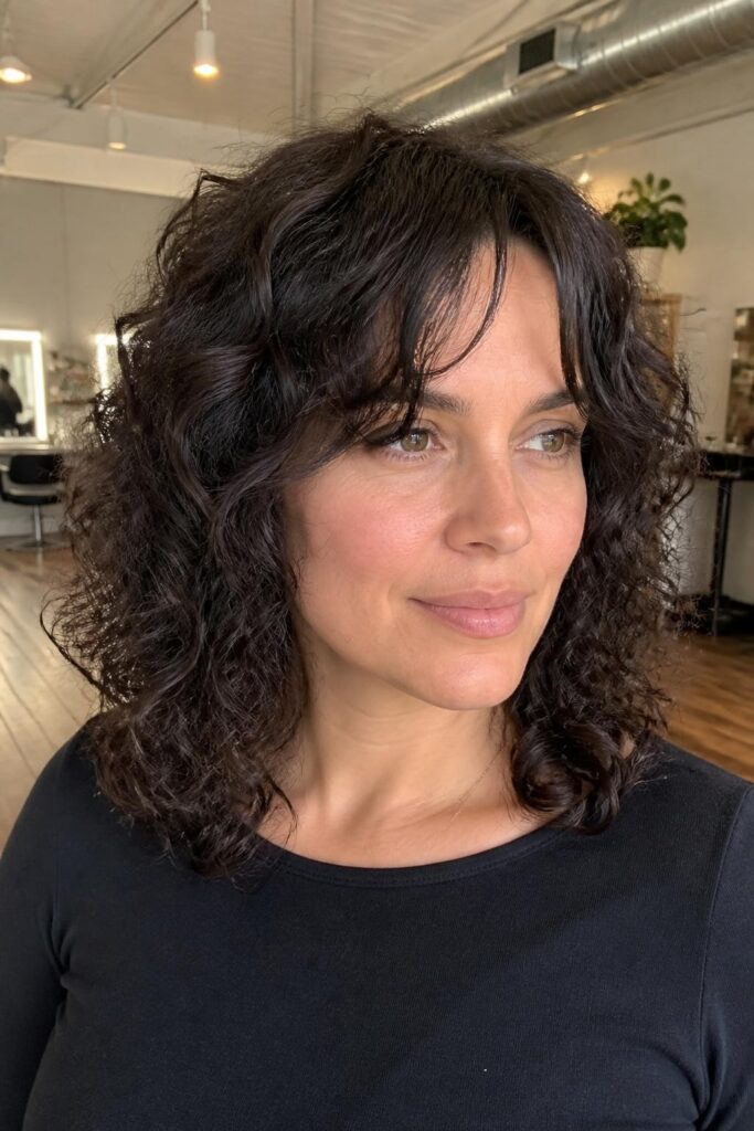 6. Medium curly hair with curtain bangs