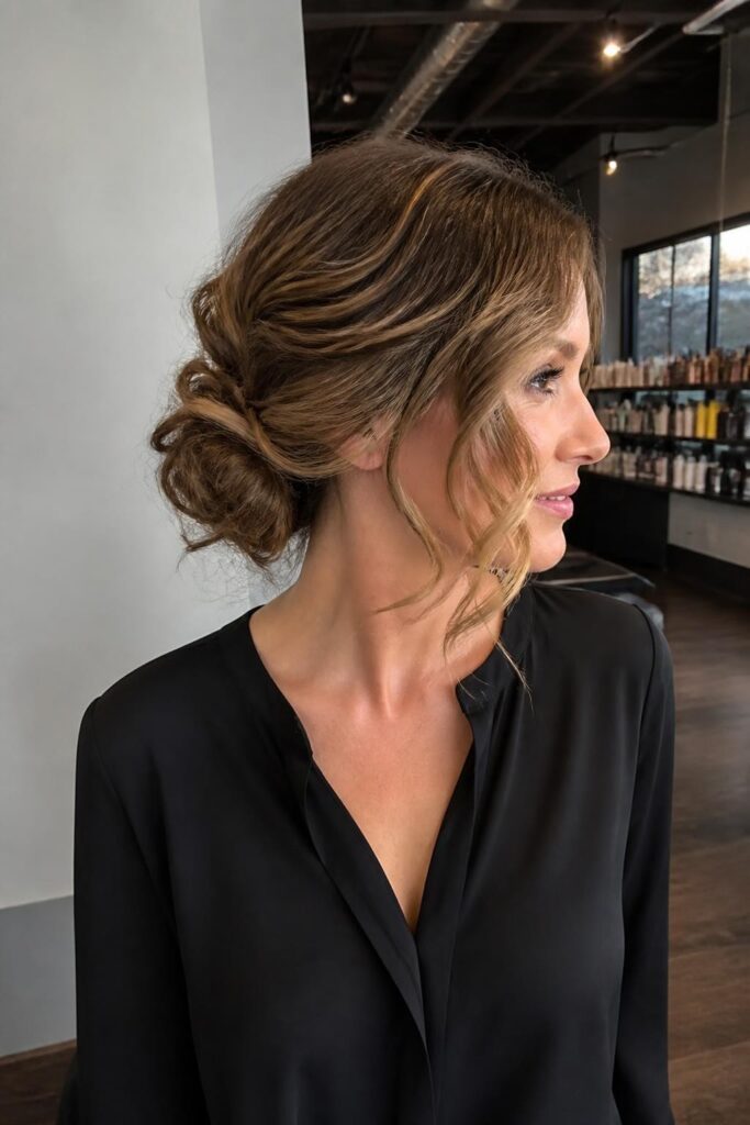 6. Side swept low bun with tendrils