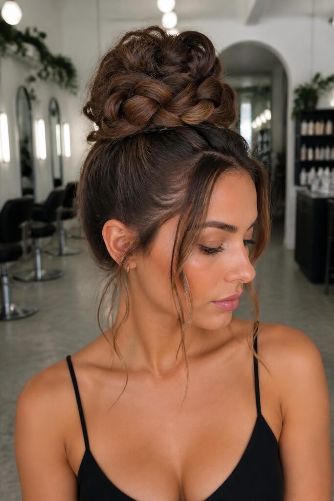 7. Braided high bun with loose strands