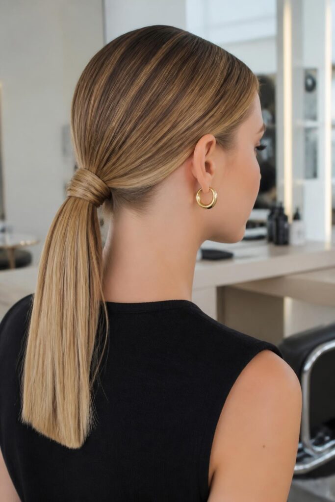 7. Sleek low ponytail with wrap