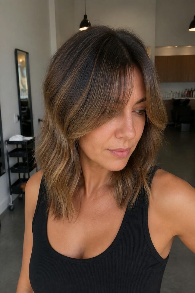 8. Angled medium cut with curtain bangs