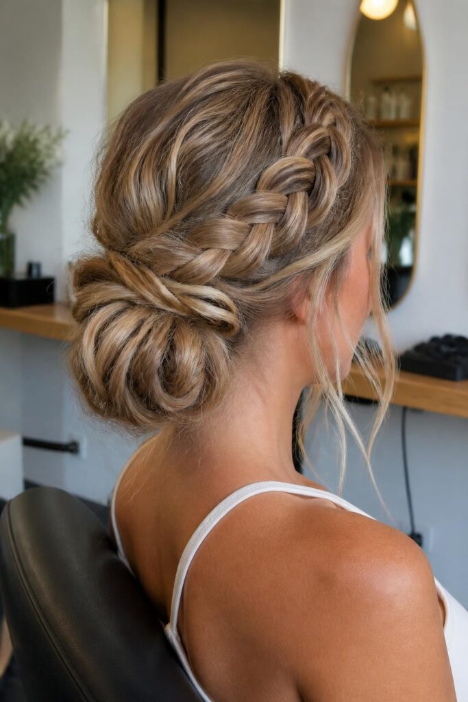 8. Braided low messy bun