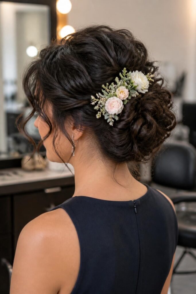 8. Curly updo with flowers
