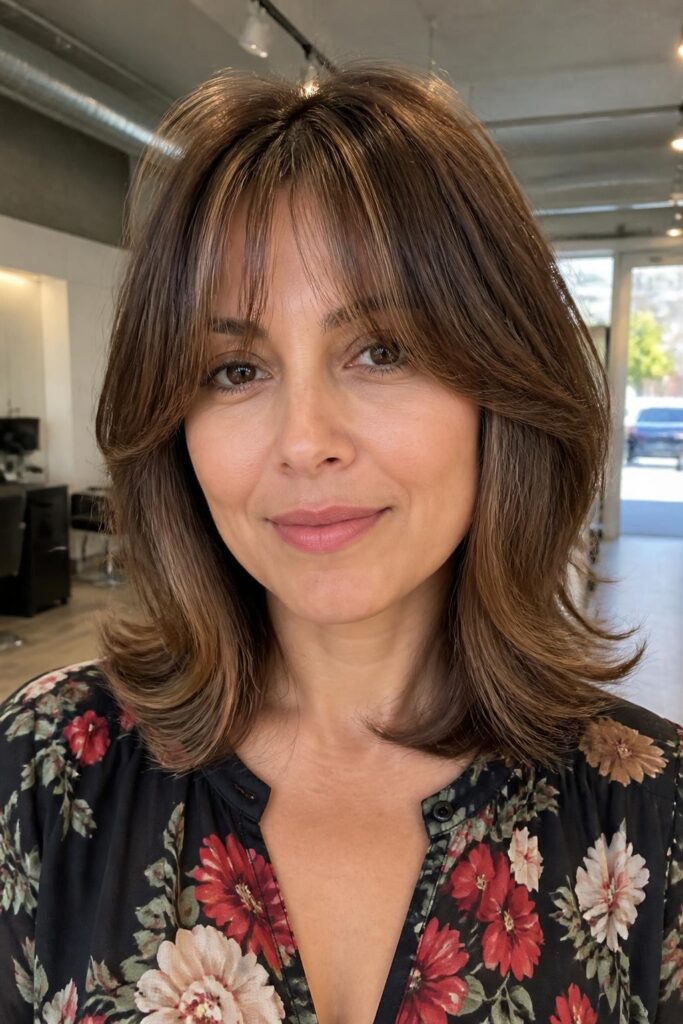 8. Medium feathered cut with face framing bangs