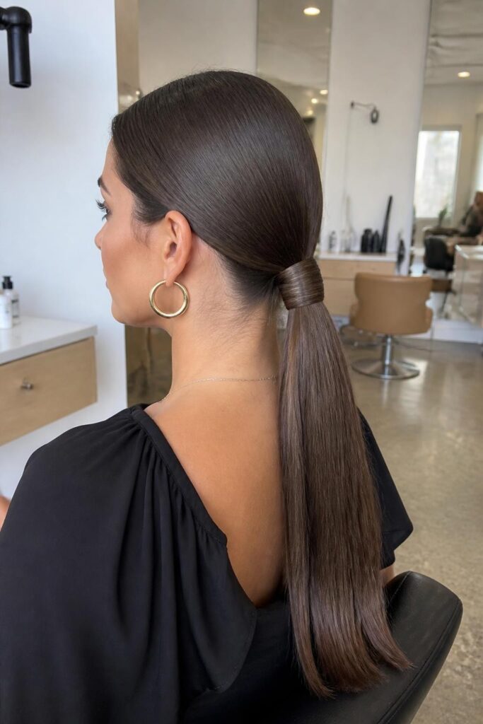 8. Sleek low ponytail with wrap