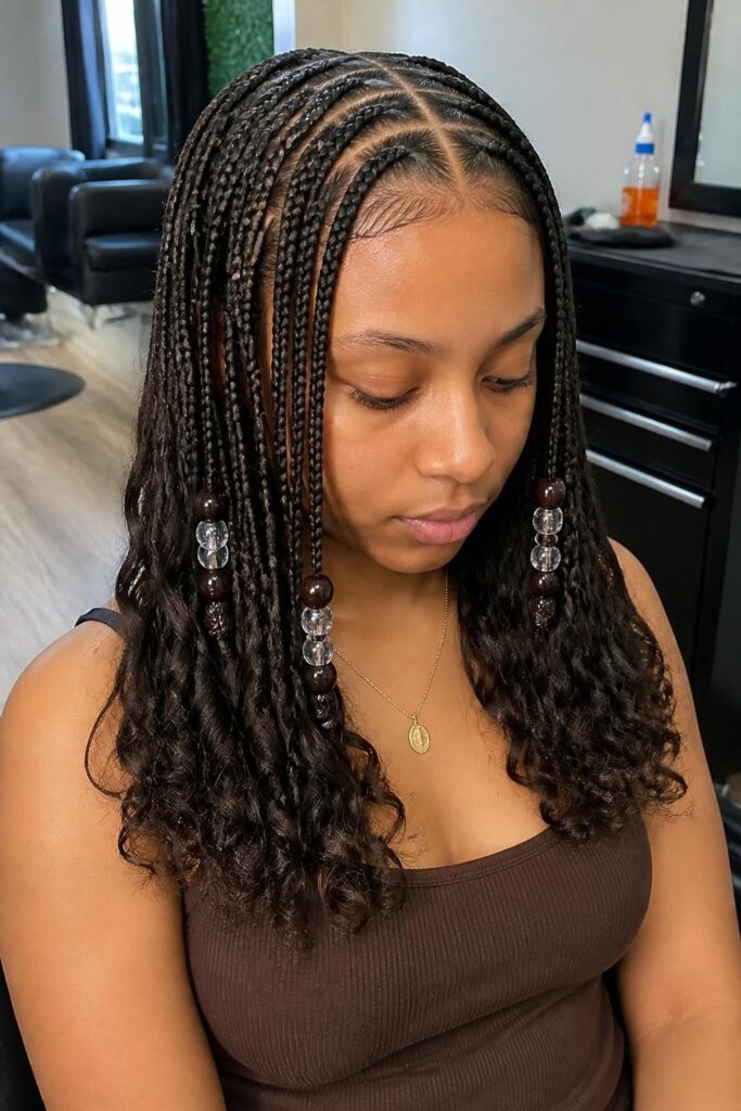 9. Knotless braids with curly ends and beads