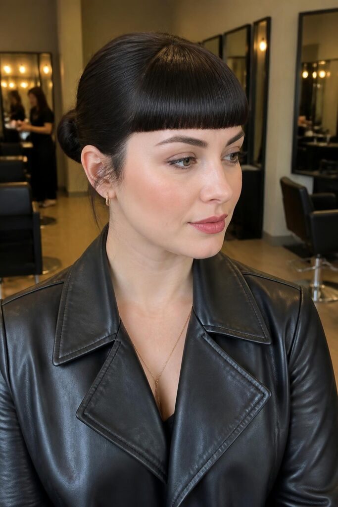 Bettie bangs with low bun
