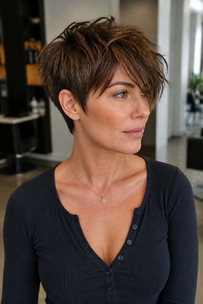 Choppy pixie with long fringe