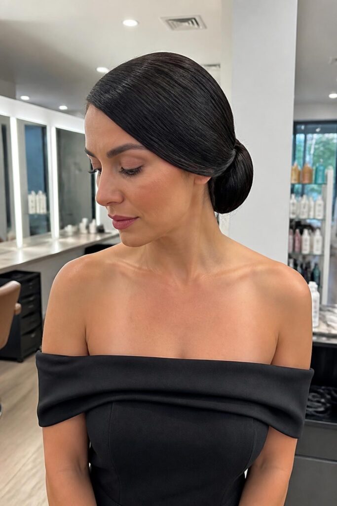 Classic low bun with a deep side part