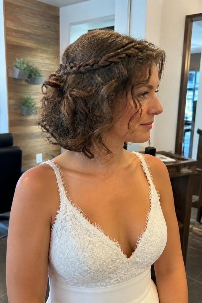 Curly bob with braided crown