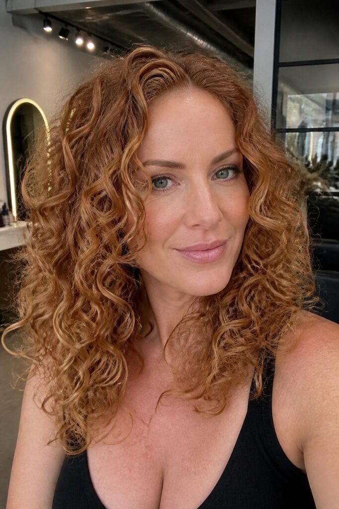 Dimensional blonde highlights for curly ginger hair