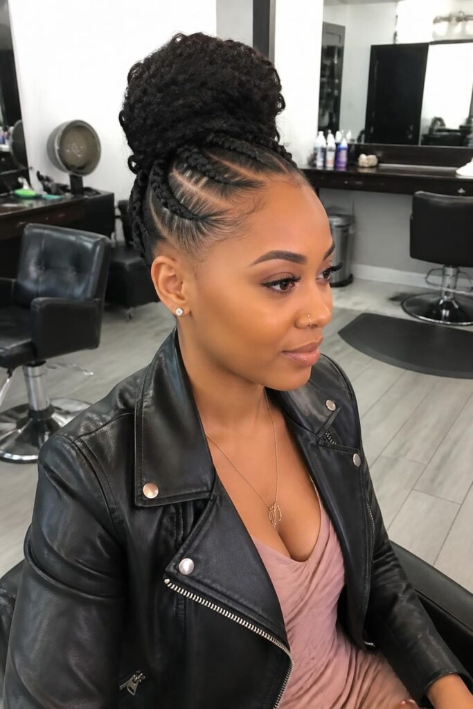 Faux hawk bun with braided sides