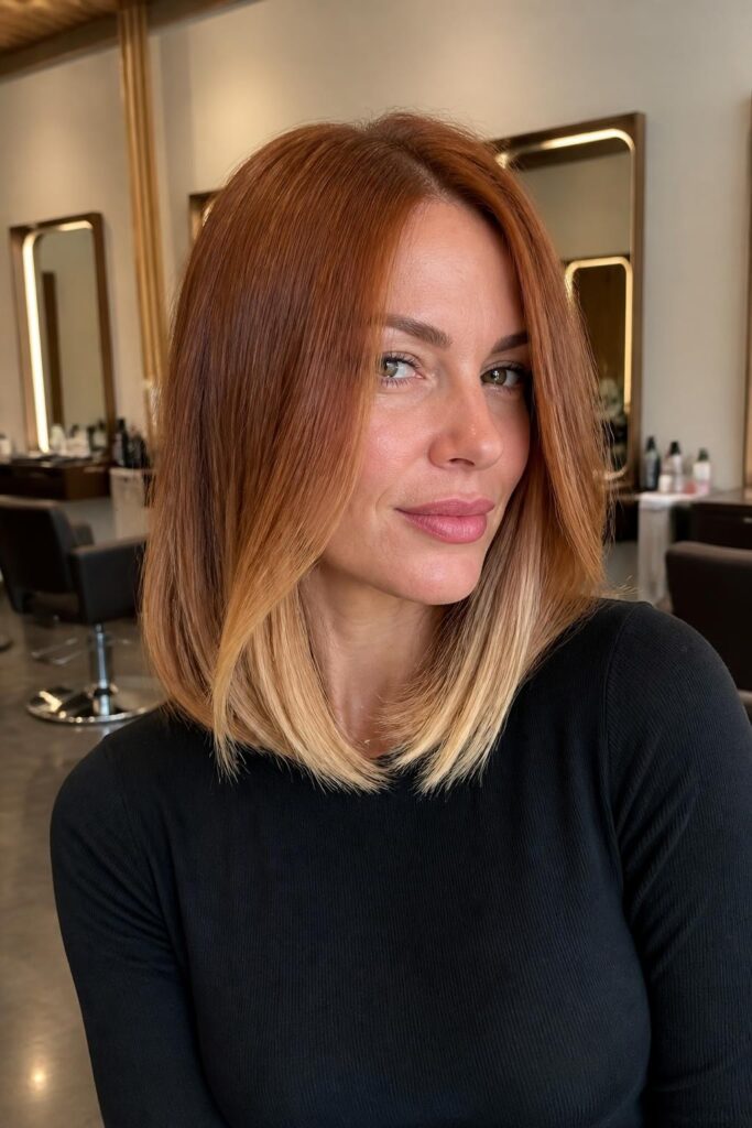 Ginger lob with bright blonde tips